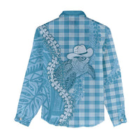 Blue Hawaii Palaka Cowboy Turtle Women Casual Shirt Hawaiian Paniolo Puakenikeni Maile Lei - Polynesian Pride