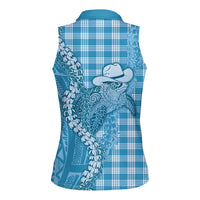 Blue Hawaii Palaka Cowboy Turtle Women Sleeveless Polo Shirt Hawaiian Paniolo Puakenikeni Maile Lei - Polynesian Pride