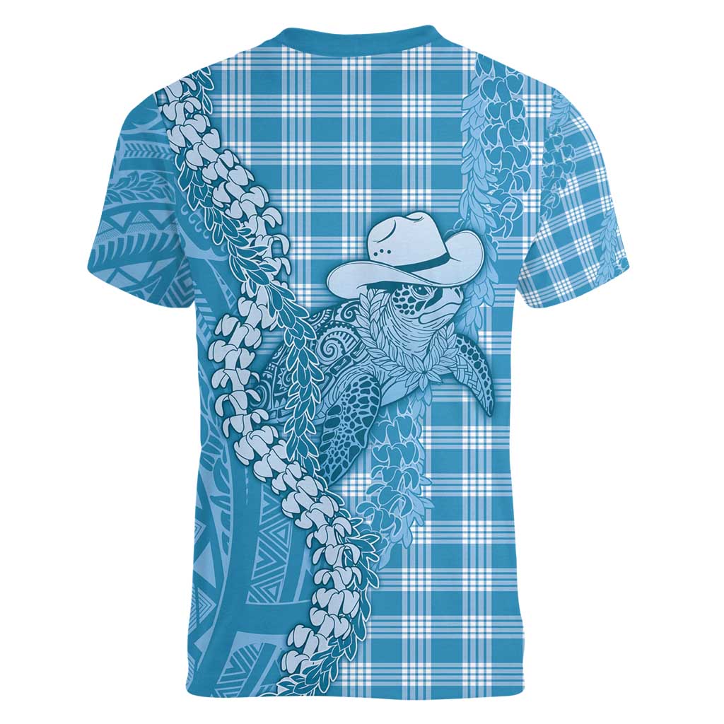 Blue Hawaii Palaka Cowboy Turtle Women V-Neck T-Shirt Hawaiian Paniolo Puakenikeni Maile Lei - Polynesian Pride