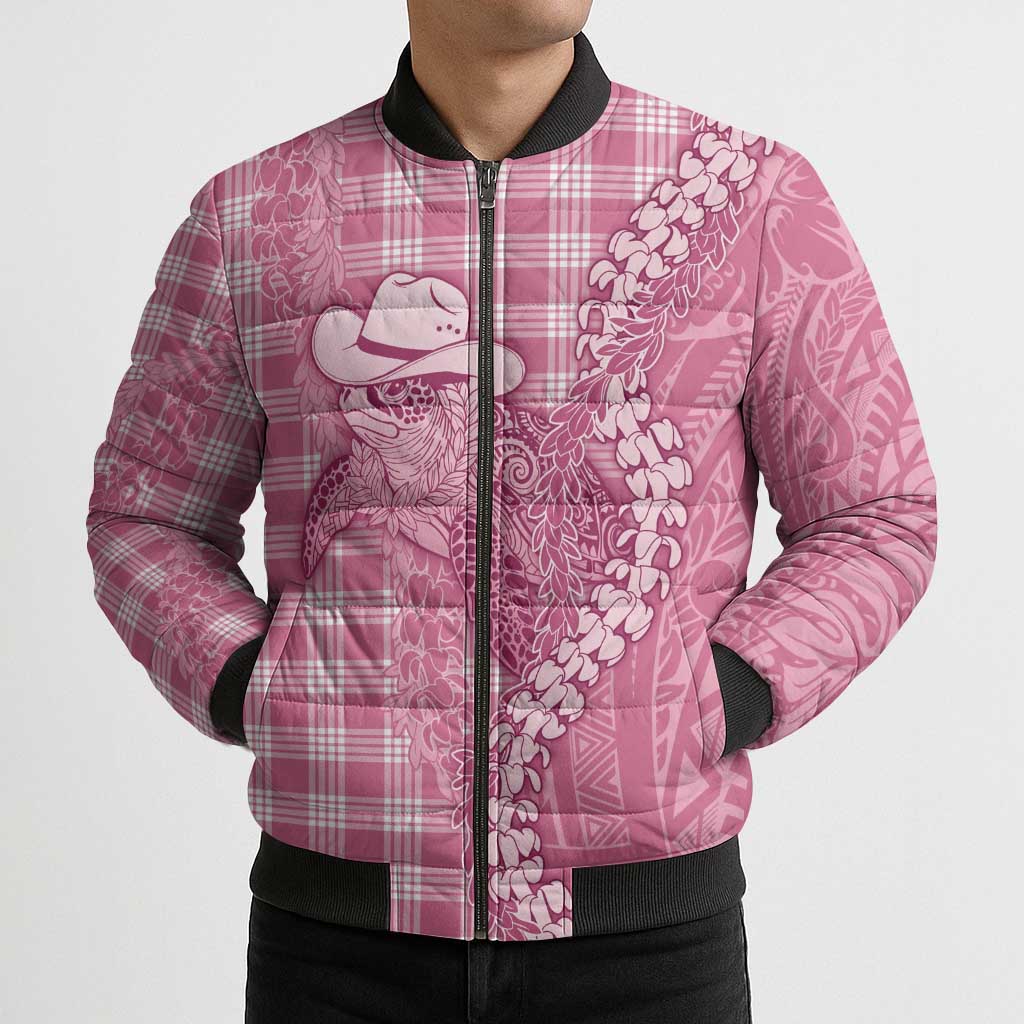 Pink Hawaii Palaka Cowboy Turtle Bomber Puffer Jacket Hawaiian Paniolo Puakenikeni Maile Lei - Polynesian Pride