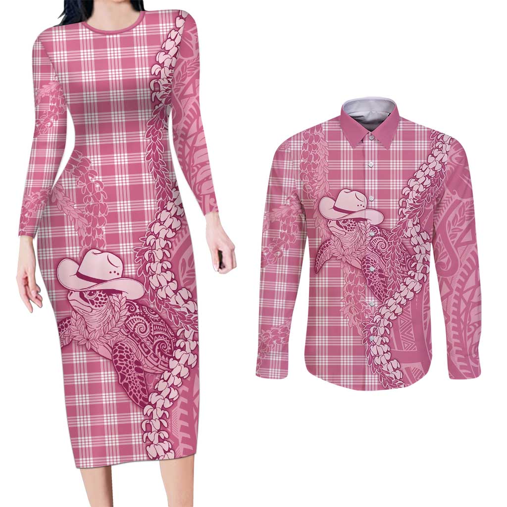 Pink Hawaii Palaka Cowboy Turtle Couples Matching Long Sleeve Bodycon Dress and Long Sleeve Button Shirt Hawaiian Paniolo Puakenikeni Maile Lei - Polynesian Pride