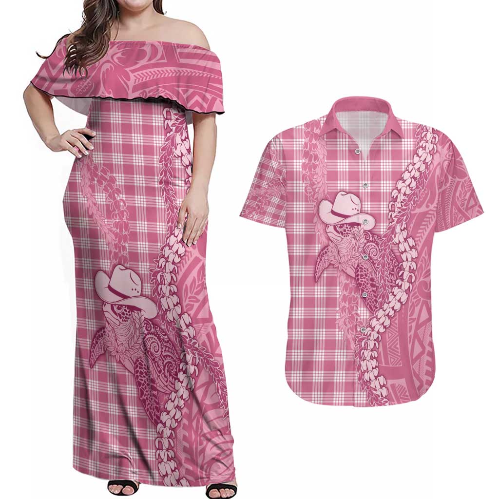 Pink Hawaii Palaka Cowboy Turtle Couples Matching Off Shoulder Maxi Dress and Hawaiian Shirt Hawaiian Paniolo Puakenikeni Maile Lei - Polynesian Pride