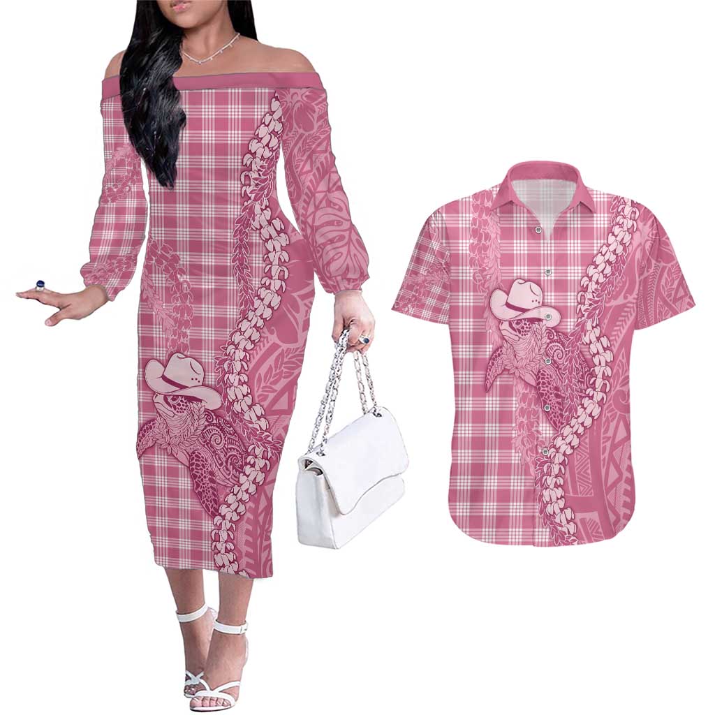 Pink Hawaii Palaka Cowboy Turtle Couples Matching Off The Shoulder Long Sleeve Dress and Hawaiian Shirt Hawaiian Paniolo Puakenikeni Maile Lei - Polynesian Pride