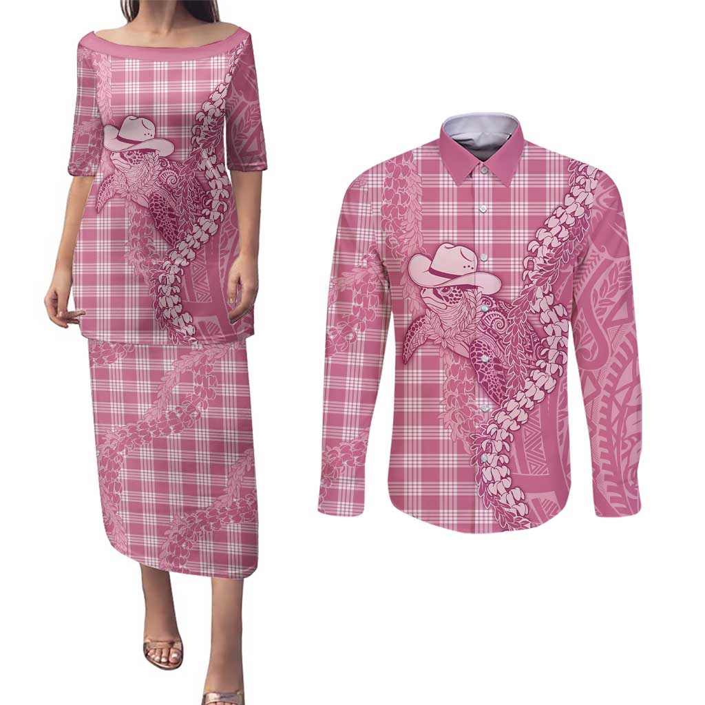 Pink Hawaii Palaka Cowboy Turtle Couples Matching Puletasi and Long Sleeve Button Shirt Hawaiian Paniolo Puakenikeni Maile Lei - Polynesian Pride