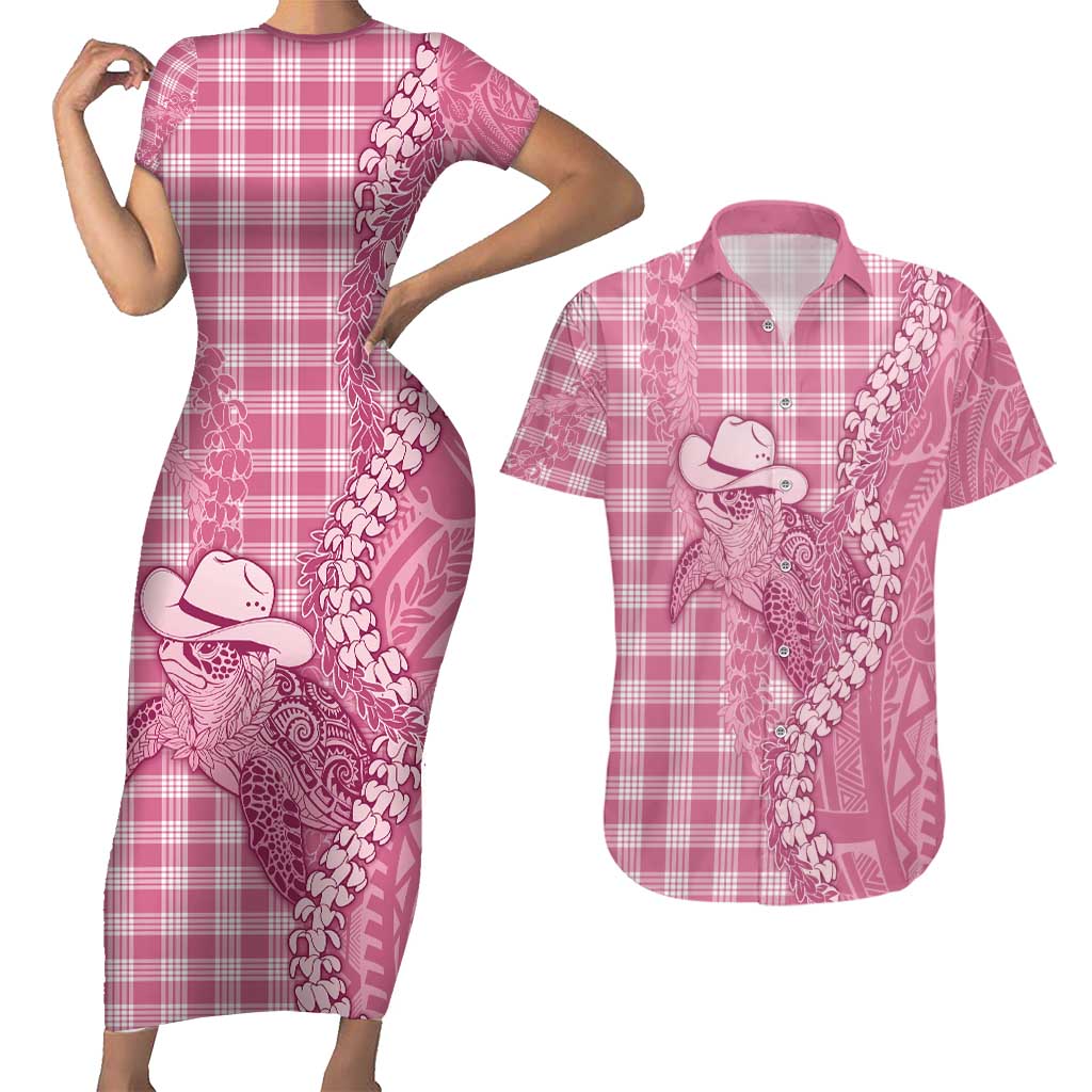 Pink Hawaii Palaka Cowboy Turtle Couples Matching Short Sleeve Bodycon Dress and Hawaiian Shirt Hawaiian Paniolo Puakenikeni Maile Lei - Polynesian Pride