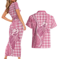 Pink Hawaii Palaka Cowboy Turtle Couples Matching Short Sleeve Bodycon Dress and Hawaiian Shirt Hawaiian Paniolo Puakenikeni Maile Lei - Polynesian Pride