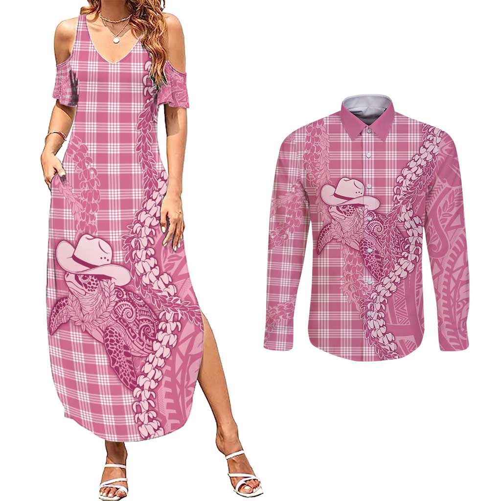 Pink Hawaii Palaka Cowboy Turtle Couples Matching Summer Maxi Dress and Long Sleeve Button Shirt Hawaiian Paniolo Puakenikeni Maile Lei - Polynesian Pride