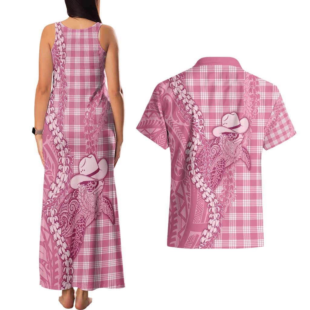 Pink Hawaii Palaka Cowboy Turtle Couples Matching Tank Maxi Dress and Hawaiian Shirt Hawaiian Paniolo Puakenikeni Maile Lei - Polynesian Pride