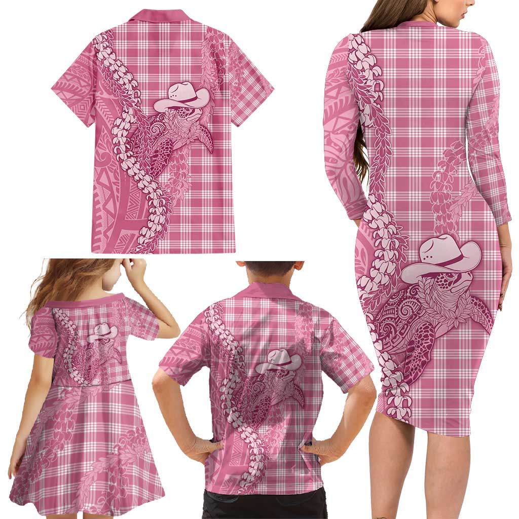 Pink Hawaii Palaka Cowboy Turtle Family Matching Long Sleeve Bodycon Dress and Hawaiian Shirt Hawaiian Paniolo Puakenikeni Maile Lei - Polynesian Pride