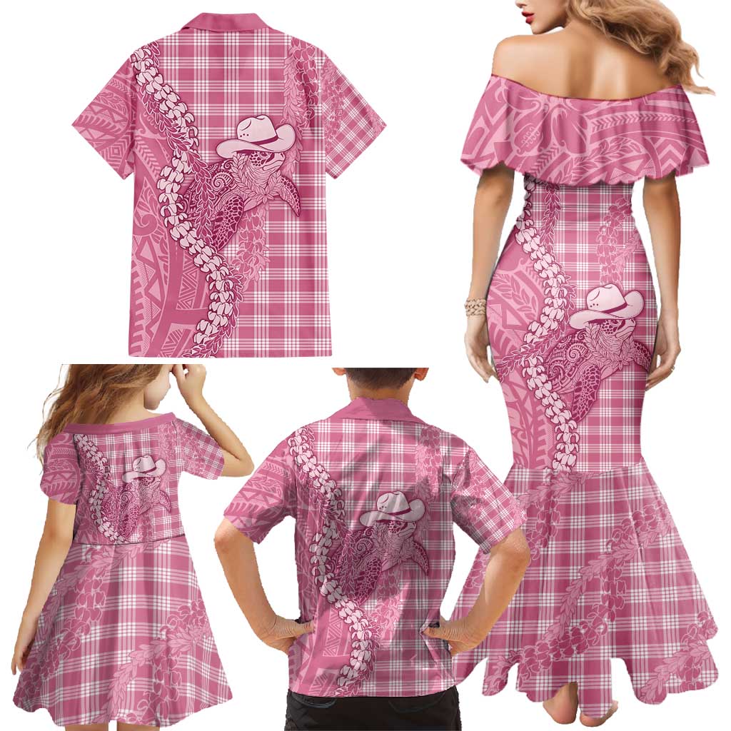 Pink Hawaii Palaka Cowboy Turtle Family Matching Mermaid Dress and Hawaiian Shirt Hawaiian Paniolo Puakenikeni Maile Lei - Polynesian Pride