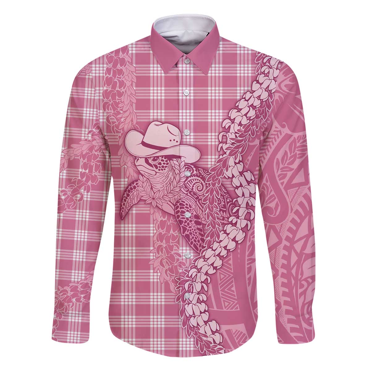 Pink Hawaii Palaka Cowboy Turtle Family Matching Off The Shoulder Long Sleeve Dress and Hawaiian Shirt Hawaiian Paniolo Puakenikeni Maile Lei - Polynesian Pride