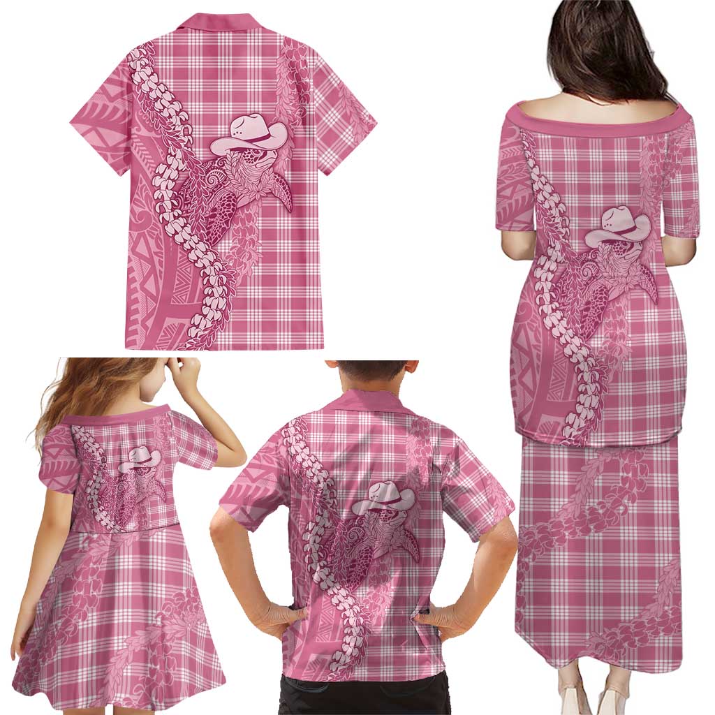 Pink Hawaii Palaka Cowboy Turtle Family Matching Puletasi and Hawaiian Shirt Hawaiian Paniolo Puakenikeni Maile Lei - Polynesian Pride