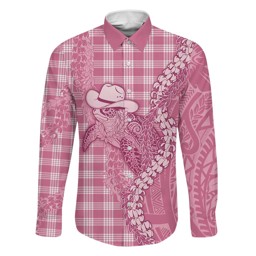Pink Hawaii Palaka Cowboy Turtle Family Matching Puletasi and Hawaiian Shirt Hawaiian Paniolo Puakenikeni Maile Lei - Polynesian Pride