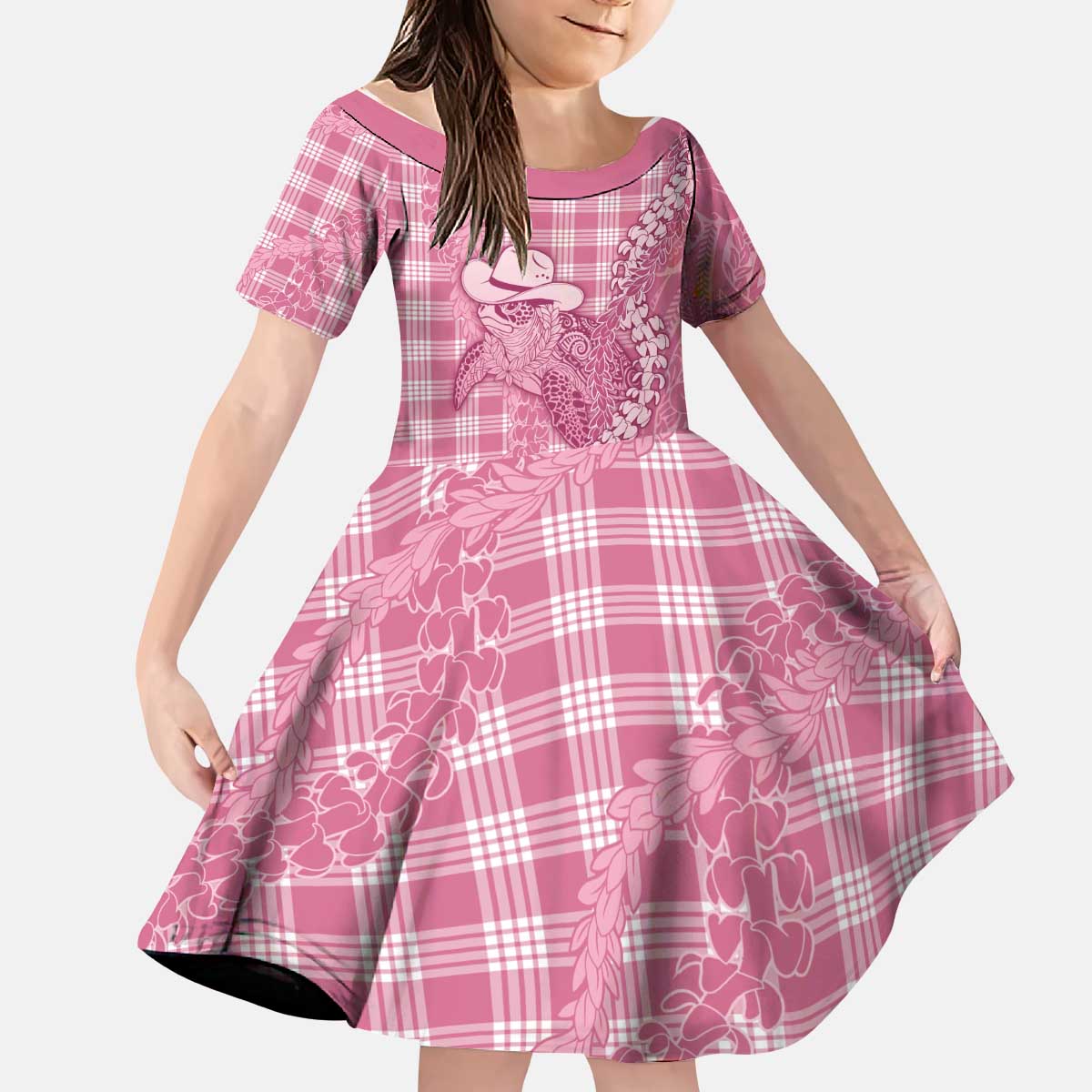 Pink Hawaii Palaka Cowboy Turtle Kid Short Sleeve Dress Hawaiian Paniolo Puakenikeni Maile Lei - Polynesian Pride