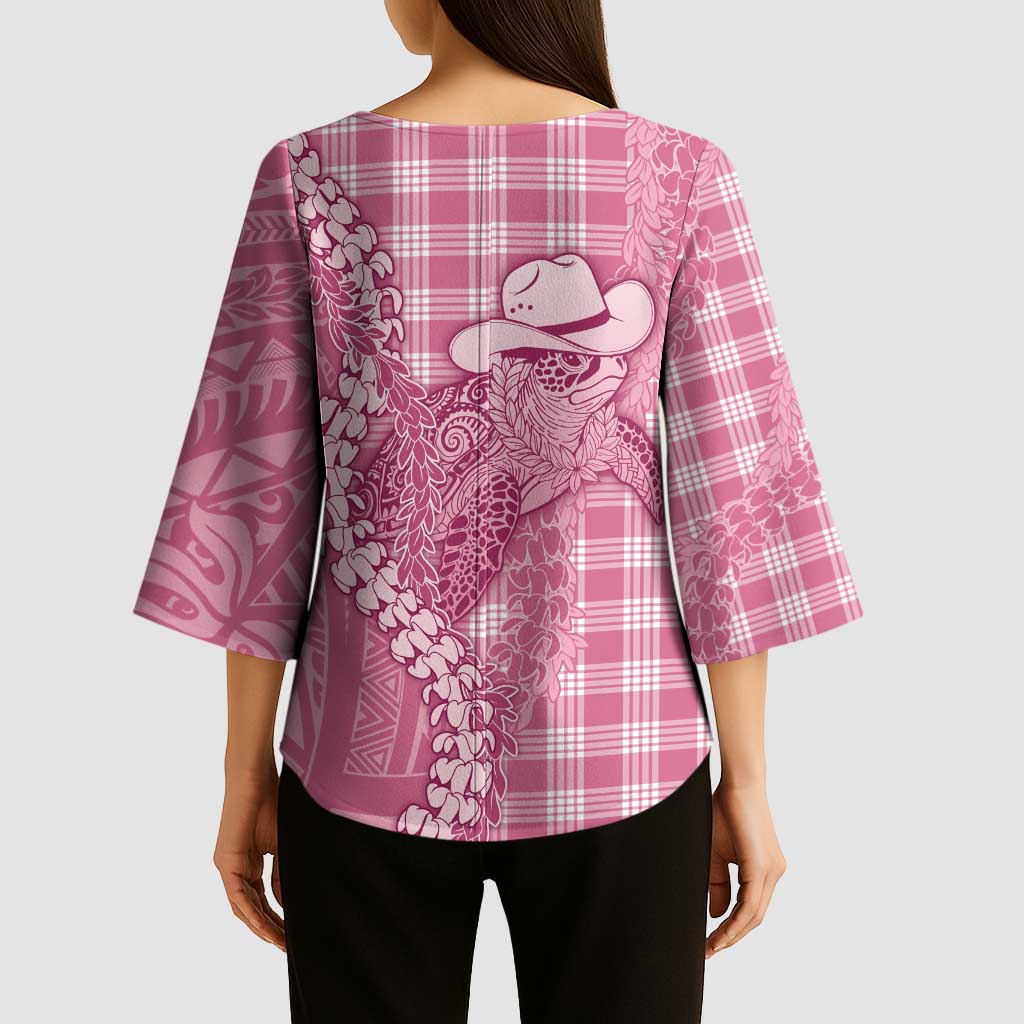 Pink Hawaii Palaka Cowboy Turtle Kimono Sleeve Blouse Hawaiian Paniolo Puakenikeni Maile Lei - Polynesian Pride