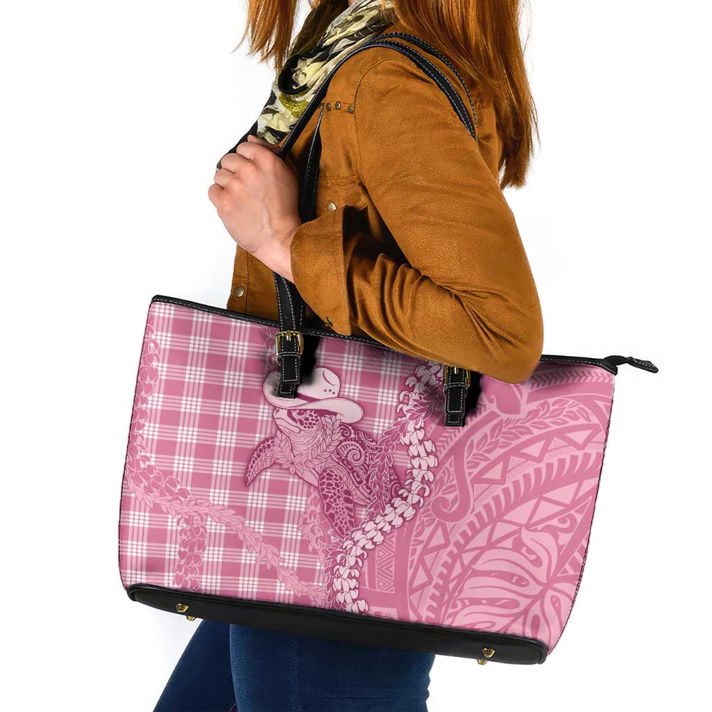 Pink Hawaii Palaka Cowboy Turtle Leather Tote Bag Hawaiian Paniolo Puakenikeni Maile Lei - Polynesian Pride
