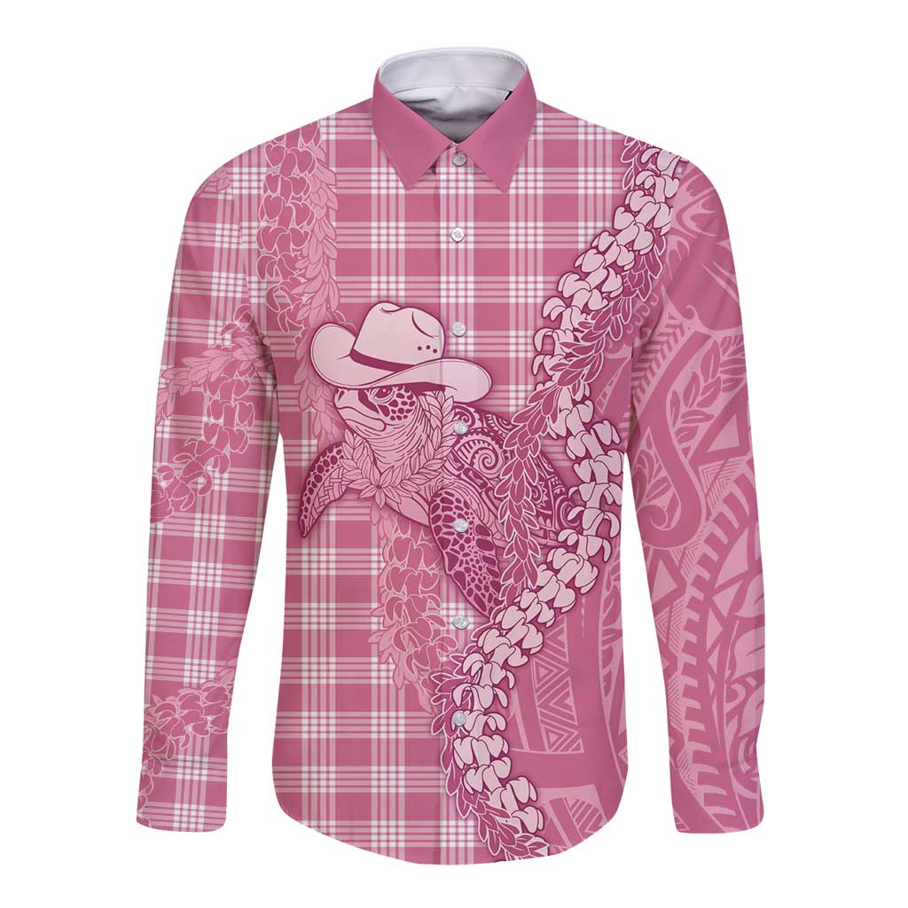 Pink Hawaii Palaka Cowboy Turtle Long Sleeve Button Shirt Hawaiian Paniolo Puakenikeni Maile Lei - Polynesian Pride