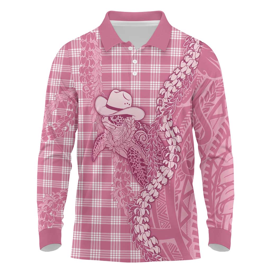 Pink Hawaii Palaka Cowboy Turtle Long Sleeve Polo Shirt Hawaiian Paniolo Puakenikeni Maile Lei DT05 Pink - Polynesian Pride