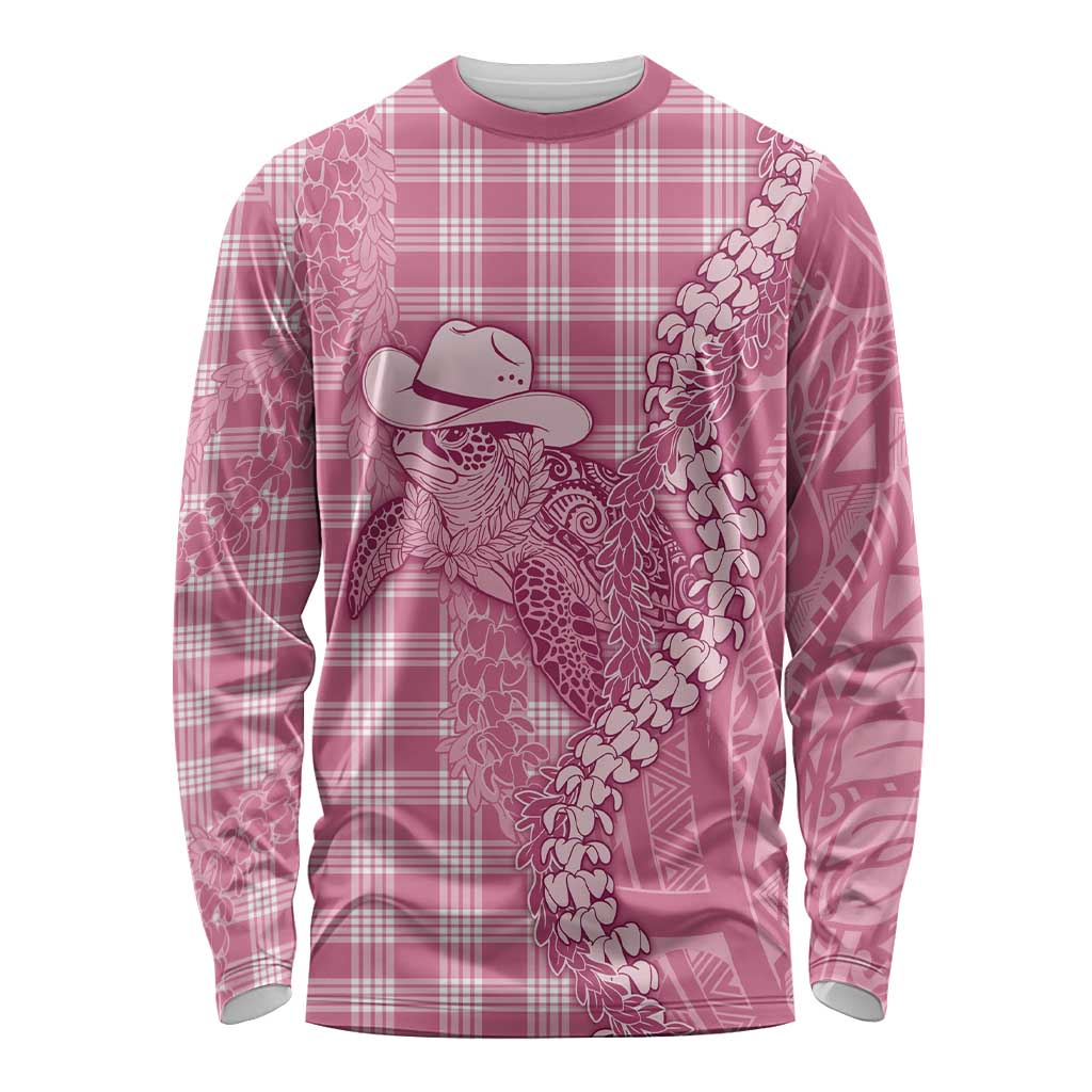 Pink Hawaii Palaka Cowboy Turtle Long Sleeve Shirt Hawaiian Paniolo Puakenikeni Maile Lei - Polynesian Pride
