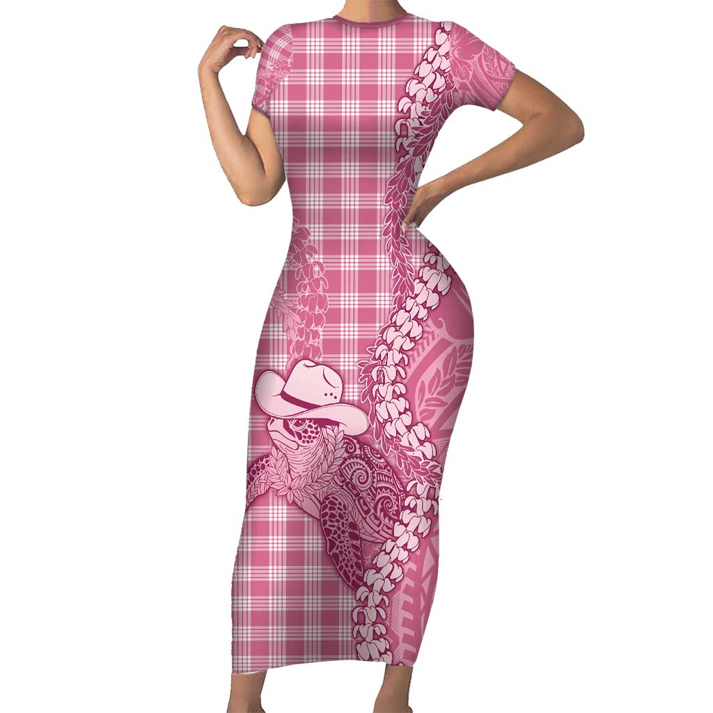 Pink Hawaii Palaka Cowboy Turtle Short Sleeve Bodycon Dress Hawaiian Paniolo Puakenikeni Maile Lei - Polynesian Pride