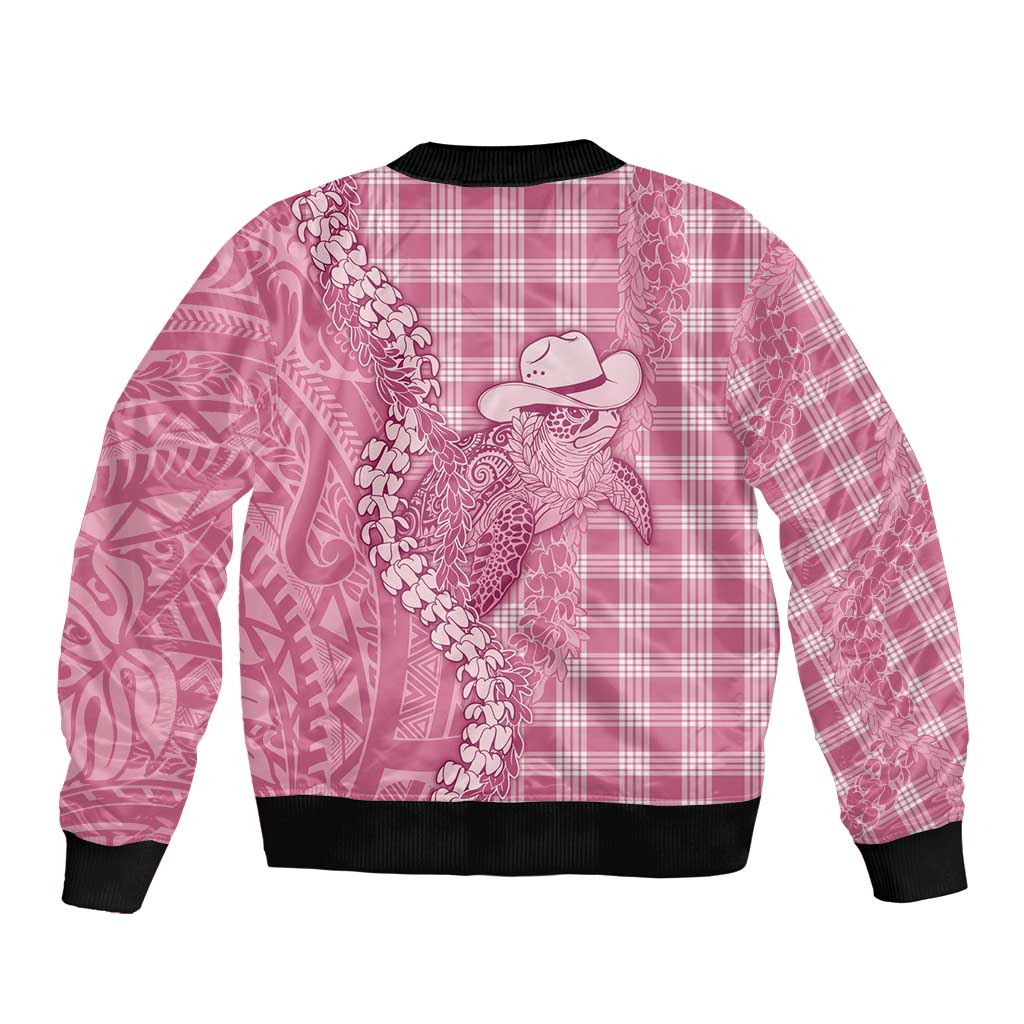Pink Hawaii Palaka Cowboy Turtle Sleeve Zip Bomber Jacket Hawaiian Paniolo Puakenikeni Maile Lei - Polynesian Pride