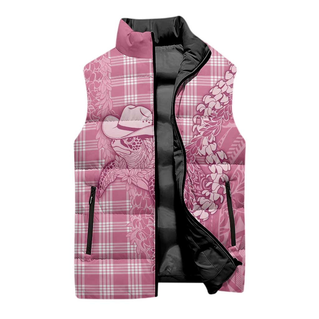 Pink Hawaii Palaka Cowboy Turtle Sleeveless Puffer Jacket Hawaiian Paniolo Puakenikeni Maile Lei - Polynesian Pride