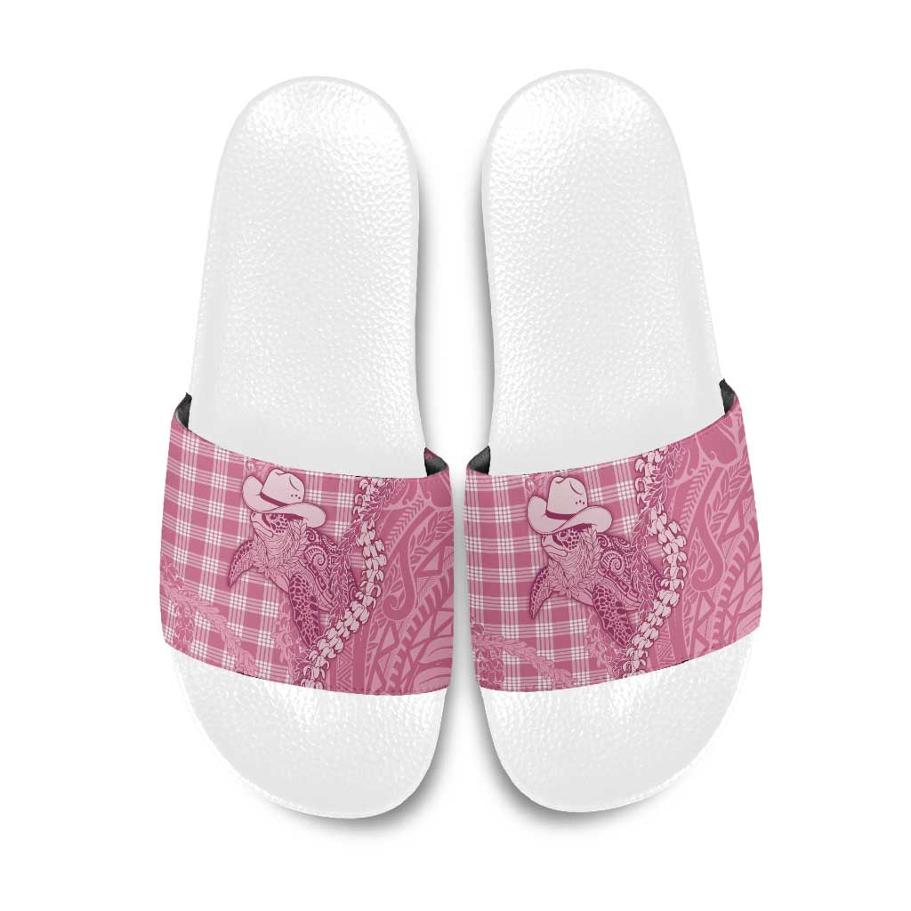 Pink Hawaii Palaka Cowboy Turtle Slide Sandals Hawaiian Paniolo Puakenikeni Maile Lei - Polynesian Pride