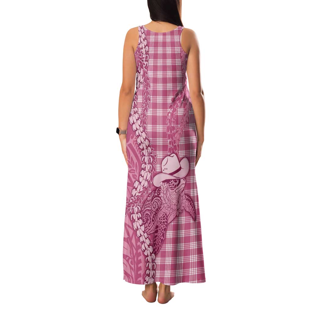 Pink Hawaii Palaka Cowboy Turtle Tank Maxi Dress Hawaiian Paniolo Puakenikeni Maile Lei - Polynesian Pride