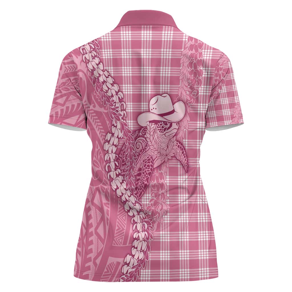 Pink Hawaii Palaka Cowboy Turtle Women Polo Shirt Hawaiian Paniolo Puakenikeni Maile Lei - Polynesian Pride