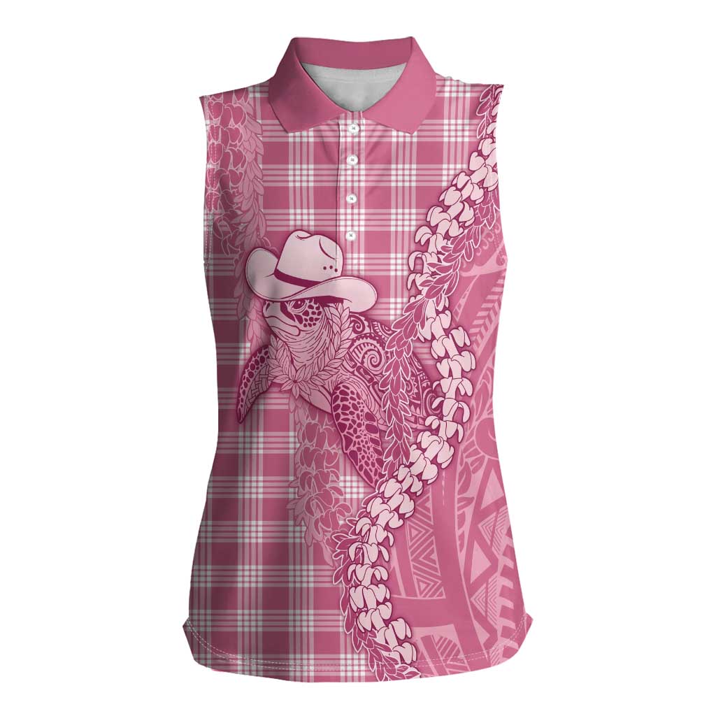 Pink Hawaii Palaka Cowboy Turtle Women Sleeveless Polo Shirt Hawaiian Paniolo Puakenikeni Maile Lei DT05 Female Pink - Polynesian Pride