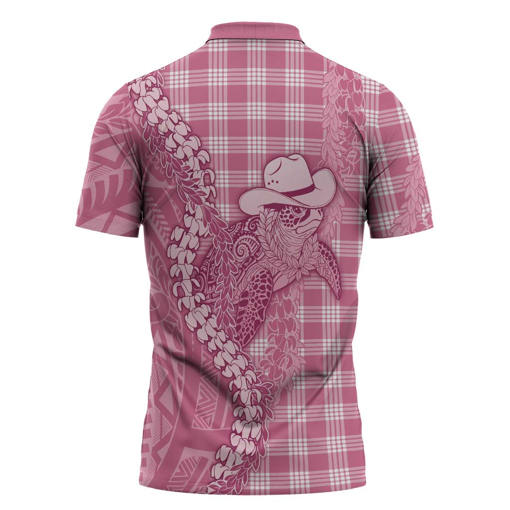 Pink Hawaii Palaka Cowboy Turtle Zipper Polo Shirt Hawaiian Paniolo Puakenikeni Maile Lei - Polynesian Pride