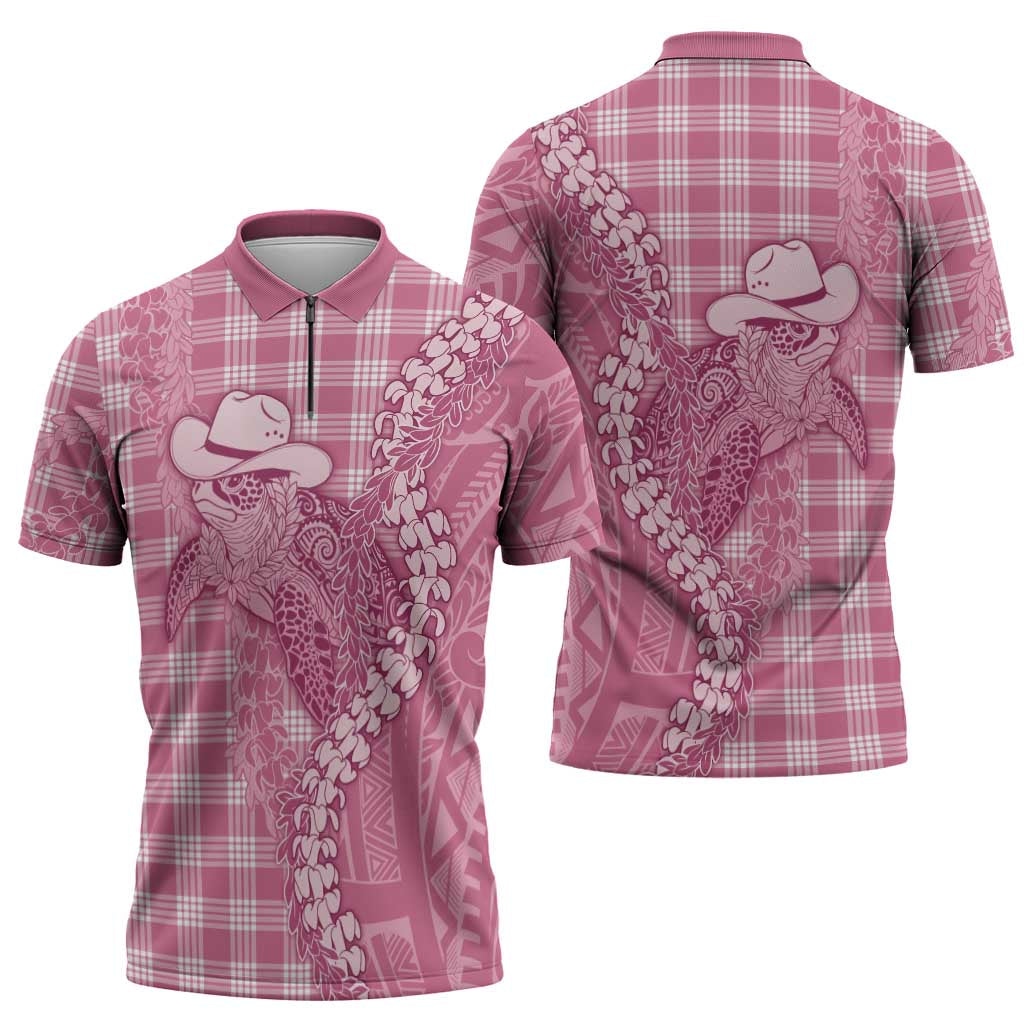 Pink Hawaii Palaka Cowboy Turtle Zipper Polo Shirt Hawaiian Paniolo Puakenikeni Maile Lei - Polynesian Pride