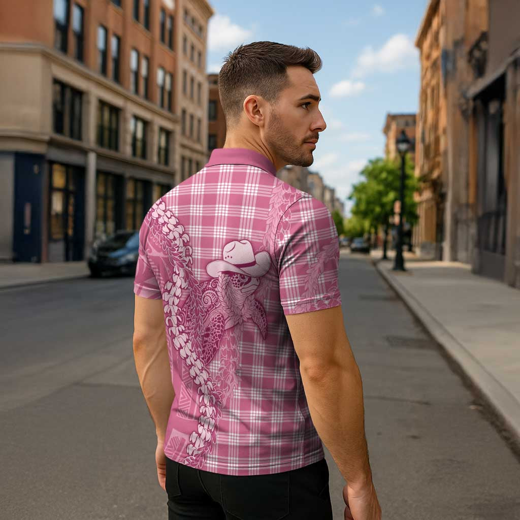 Pink Hawaii Palaka Cowboy Turtle Zipper Polo Shirt Hawaiian Paniolo Puakenikeni Maile Lei - Polynesian Pride