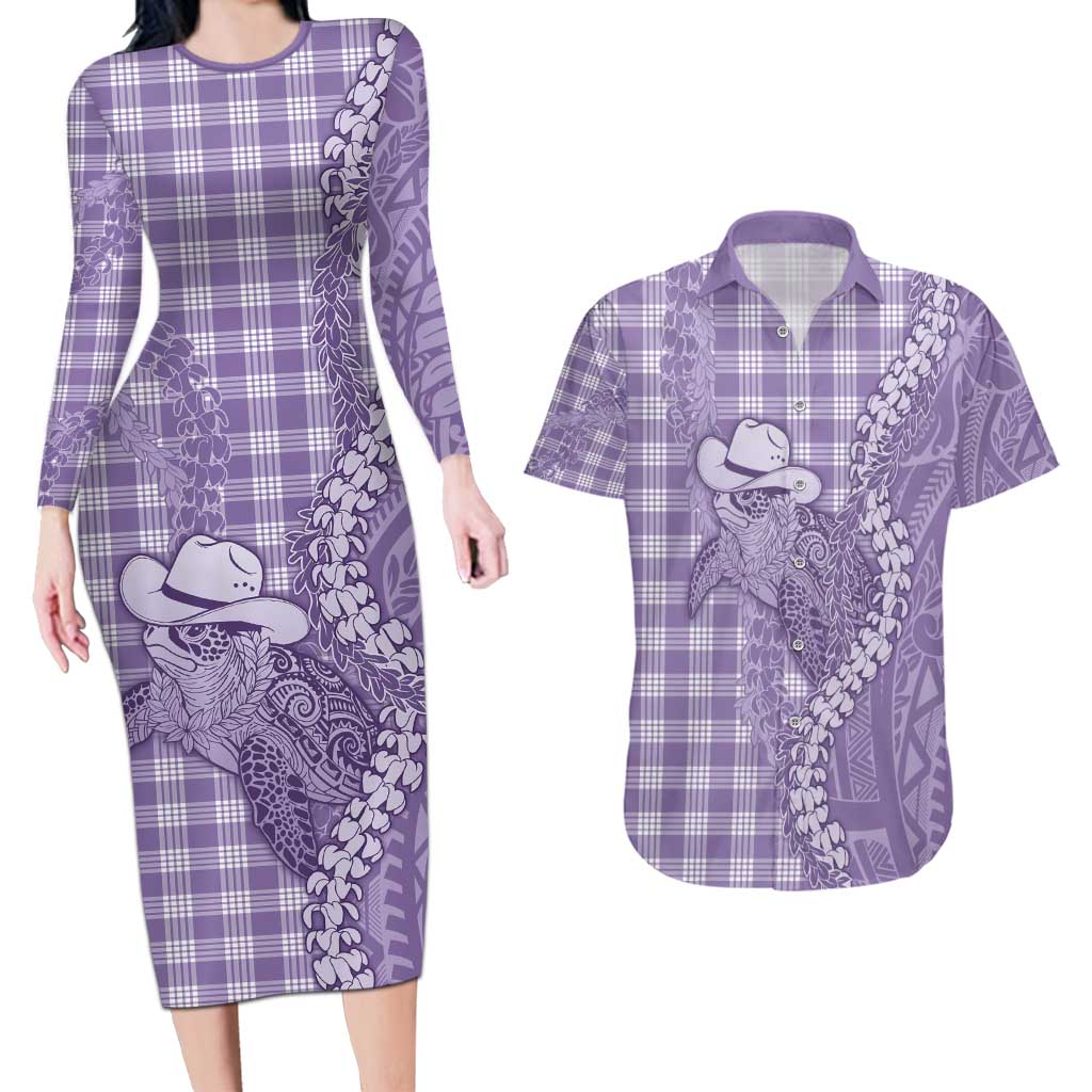 Purple Hawaii Palaka Cowboy Turtle Couples Matching Long Sleeve Bodycon Dress and Hawaiian Shirt Hawaiian Paniolo Puakenikeni Maile Lei - Polynesian Pride