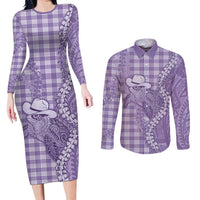 Purple Hawaii Palaka Cowboy Turtle Couples Matching Long Sleeve Bodycon Dress and Long Sleeve Button Shirt Hawaiian Paniolo Puakenikeni Maile Lei - Polynesian Pride