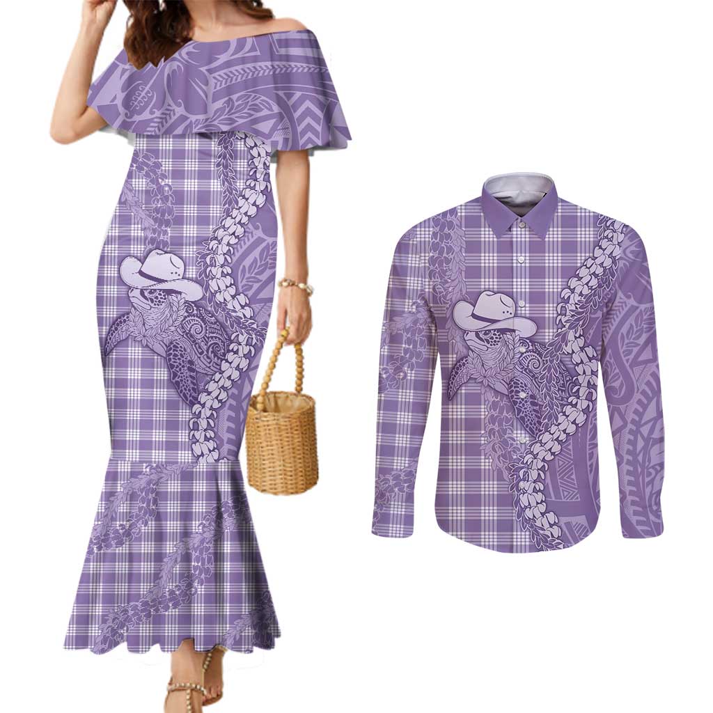 Purple Hawaii Palaka Cowboy Turtle Couples Matching Mermaid Dress and Long Sleeve Button Shirt Hawaiian Paniolo Puakenikeni Maile Lei - Polynesian Pride