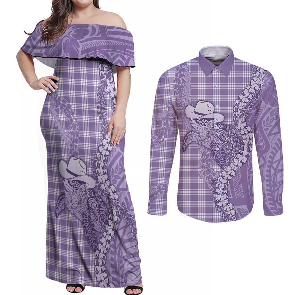 Purple Hawaii Palaka Cowboy Turtle Couples Matching Off Shoulder Maxi Dress and Long Sleeve Button Shirt Hawaiian Paniolo Puakenikeni Maile Lei - Polynesian Pride