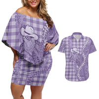 Purple Hawaii Palaka Cowboy Turtle Couples Matching Off Shoulder Short Dress and Hawaiian Shirt Hawaiian Paniolo Puakenikeni Maile Lei - Polynesian Pride