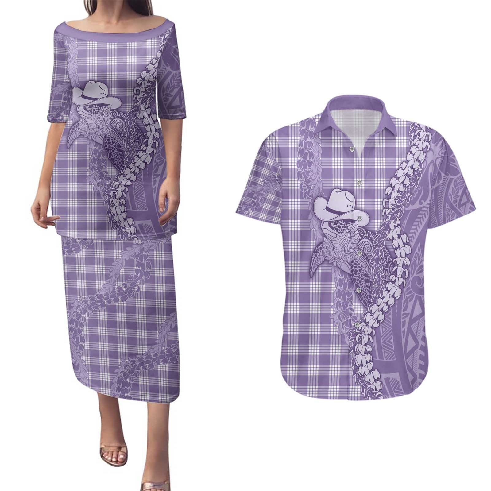 Purple Hawaii Palaka Cowboy Turtle Couples Matching Puletasi and Hawaiian Shirt Hawaiian Paniolo Puakenikeni Maile Lei - Polynesian Pride