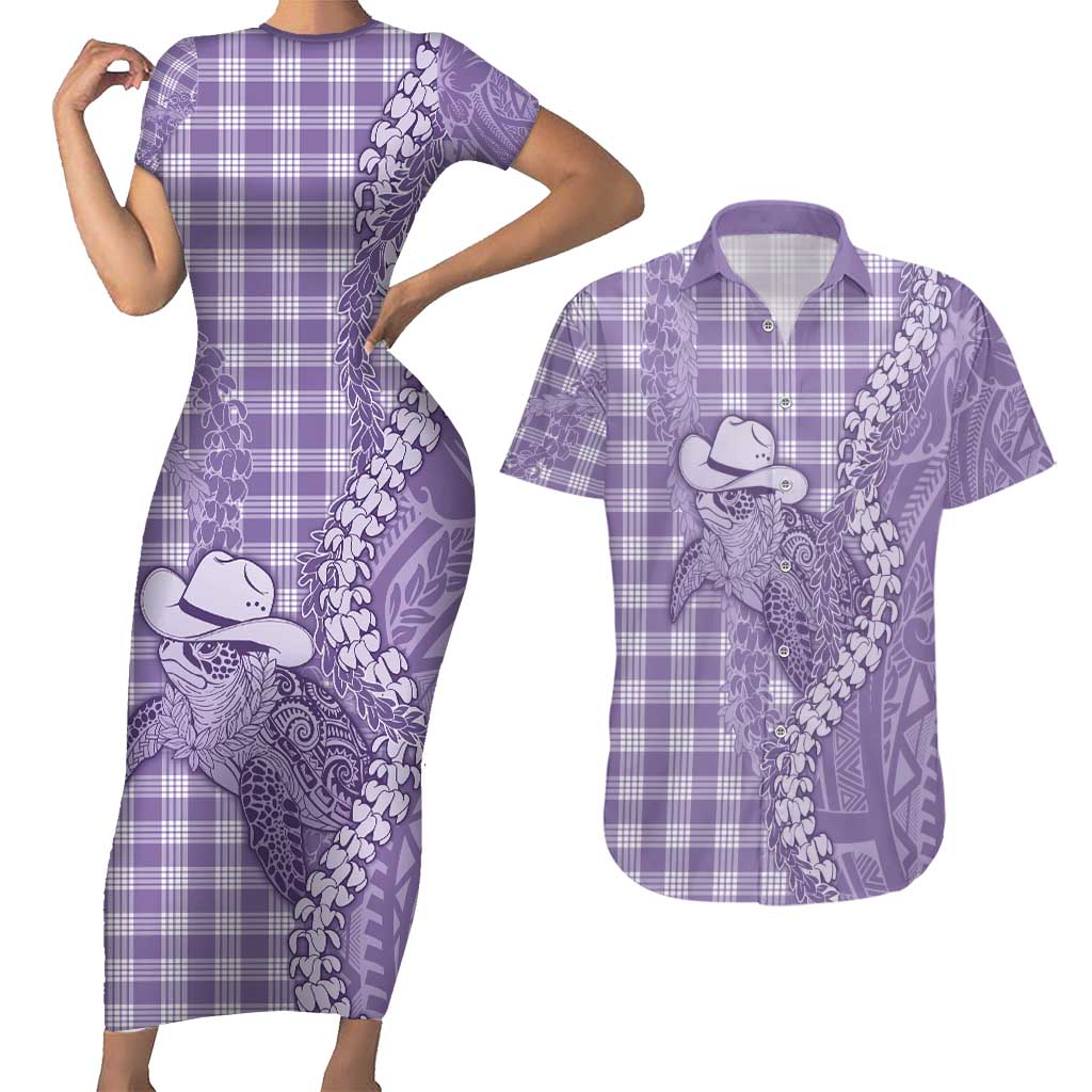Purple Hawaii Palaka Cowboy Turtle Couples Matching Short Sleeve Bodycon Dress and Hawaiian Shirt Hawaiian Paniolo Puakenikeni Maile Lei - Polynesian Pride