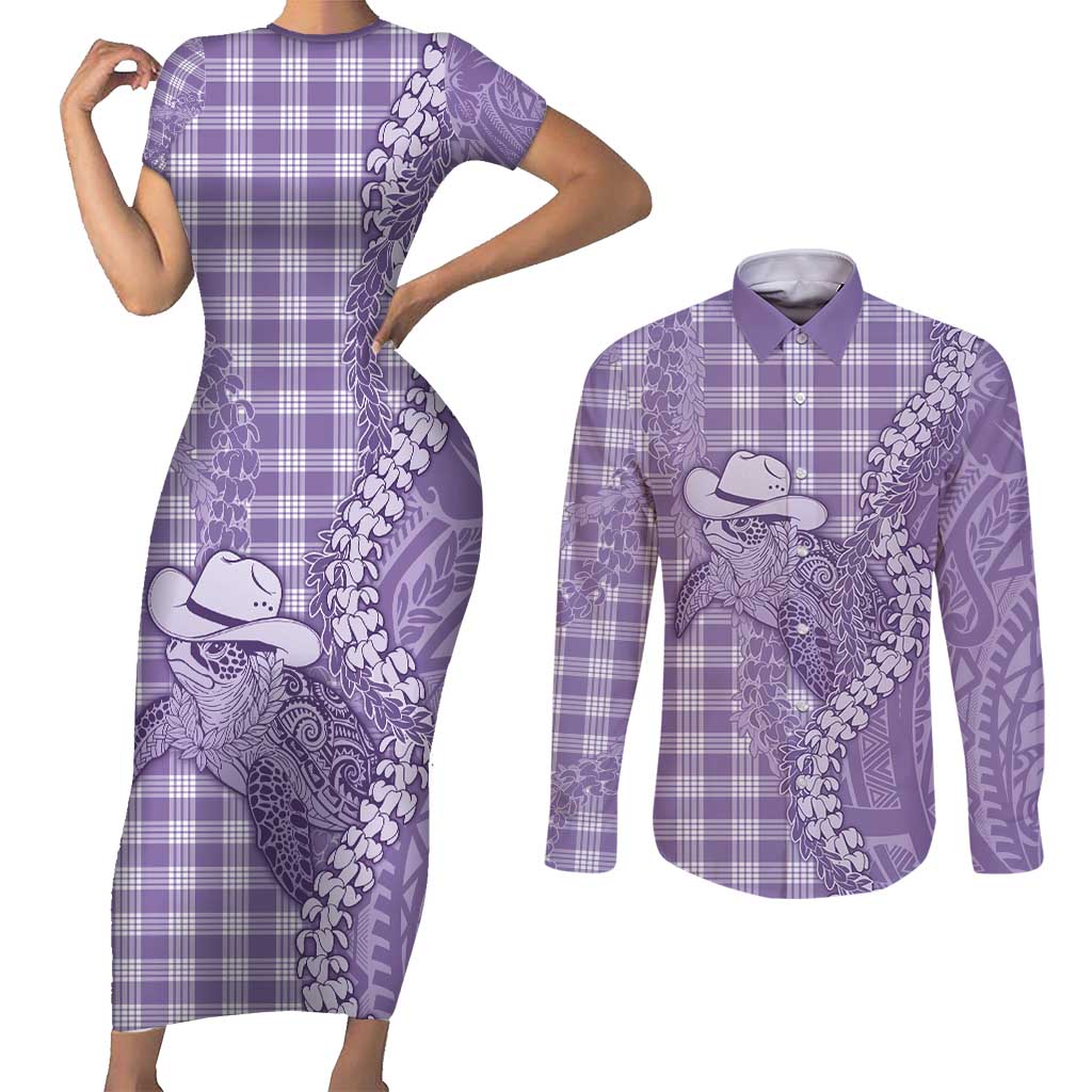 Purple Hawaii Palaka Cowboy Turtle Couples Matching Short Sleeve Bodycon Dress and Long Sleeve Button Shirt Hawaiian Paniolo Puakenikeni Maile Lei - Polynesian Pride