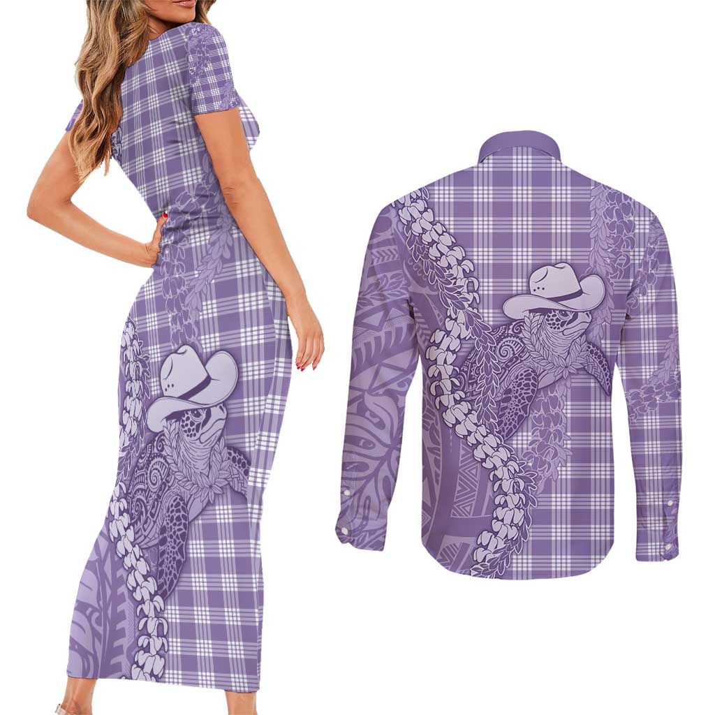 Purple Hawaii Palaka Cowboy Turtle Couples Matching Short Sleeve Bodycon Dress and Long Sleeve Button Shirt Hawaiian Paniolo Puakenikeni Maile Lei - Polynesian Pride