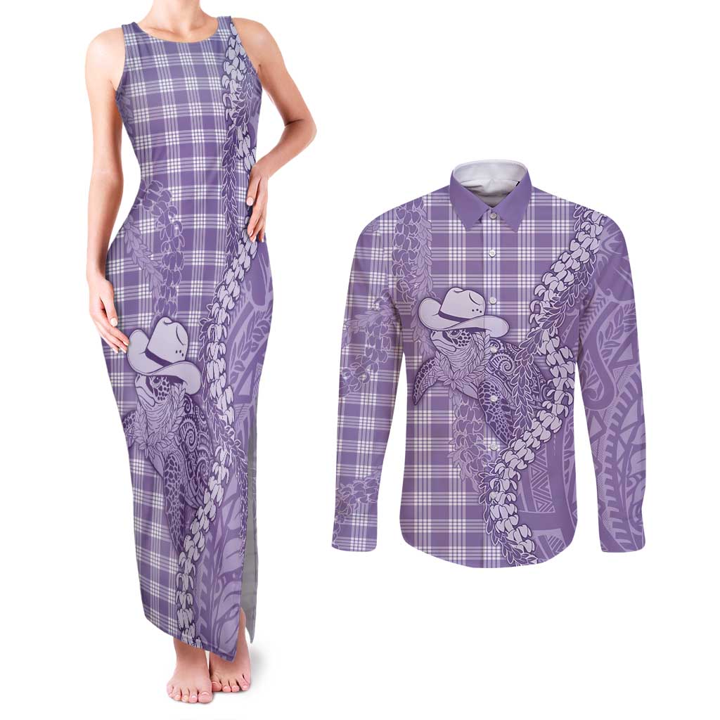 Purple Hawaii Palaka Cowboy Turtle Couples Matching Tank Maxi Dress and Long Sleeve Button Shirt Hawaiian Paniolo Puakenikeni Maile Lei - Polynesian Pride