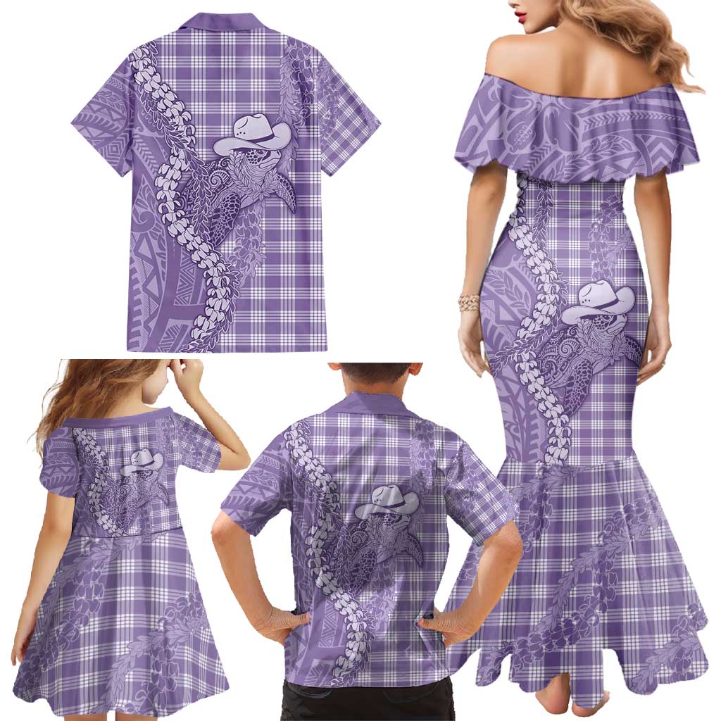 Purple Hawaii Palaka Cowboy Turtle Family Matching Mermaid Dress and Hawaiian Shirt Hawaiian Paniolo Puakenikeni Maile Lei - Polynesian Pride