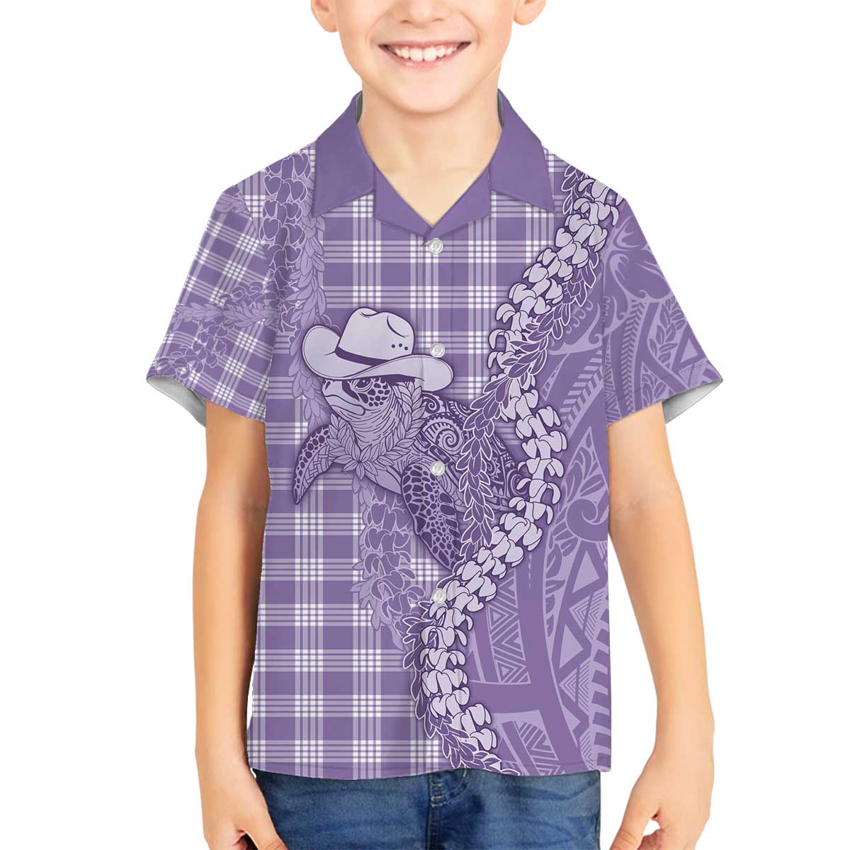 Purple Hawaii Palaka Cowboy Turtle Family Matching Off The Shoulder Long Sleeve Dress and Hawaiian Shirt Hawaiian Paniolo Puakenikeni Maile Lei - Polynesian Pride