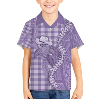 Purple Hawaii Palaka Cowboy Turtle Family Matching Off The Shoulder Long Sleeve Dress and Hawaiian Shirt Hawaiian Paniolo Puakenikeni Maile Lei - Polynesian Pride
