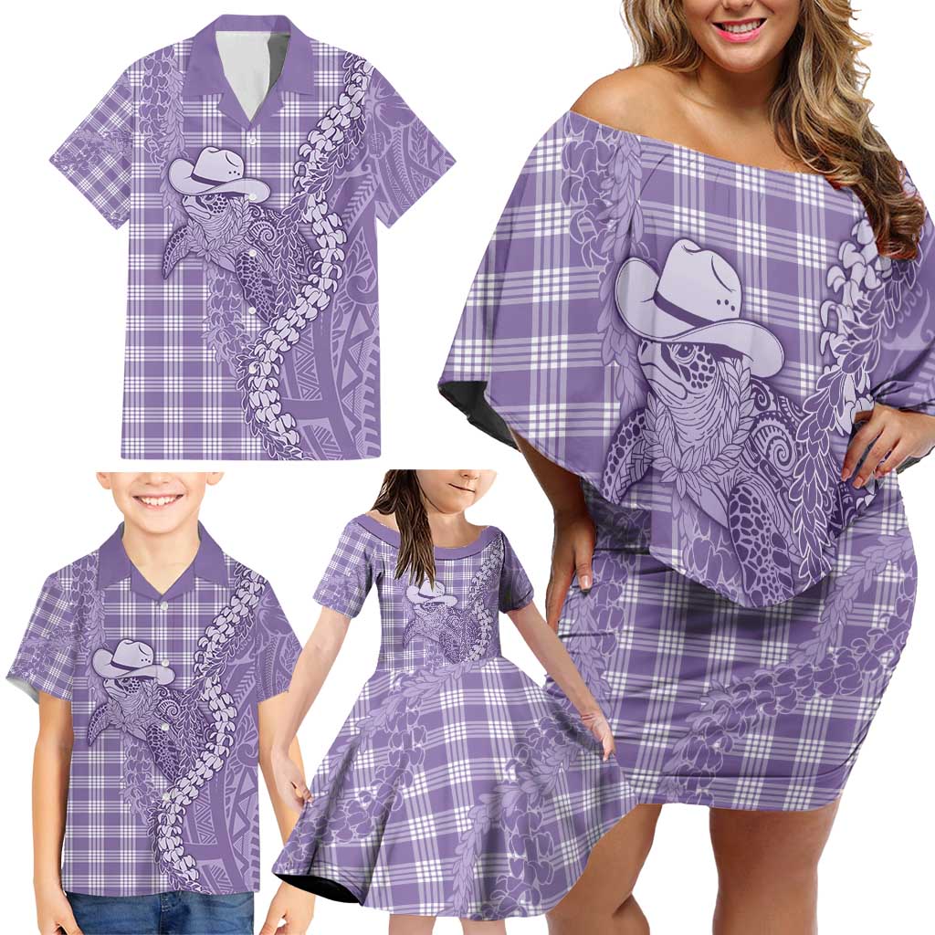 Purple Hawaii Palaka Cowboy Turtle Family Matching Off Shoulder Short Dress and Hawaiian Shirt Hawaiian Paniolo Puakenikeni Maile Lei - Polynesian Pride