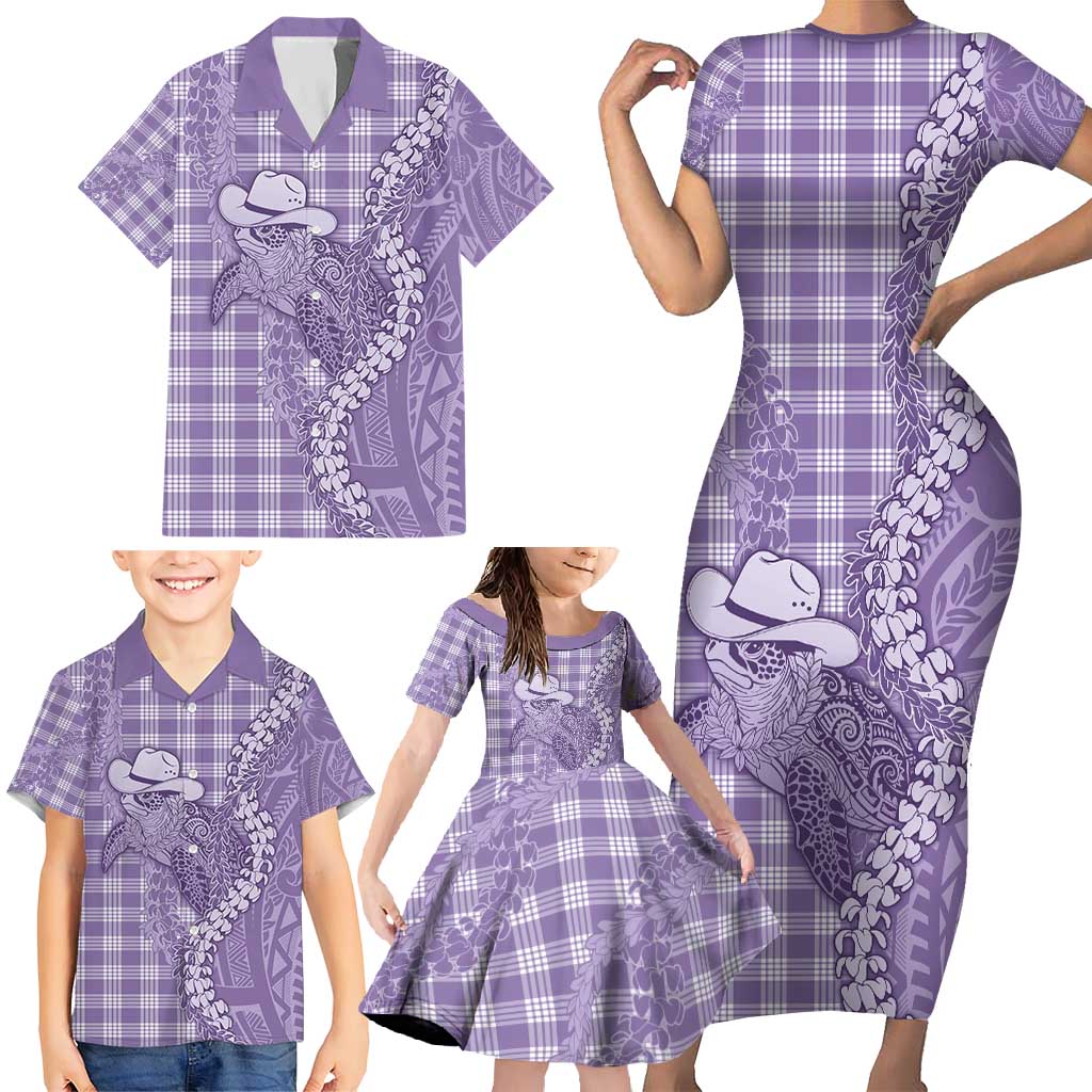 Purple Hawaii Palaka Cowboy Turtle Family Matching Short Sleeve Bodycon Dress and Hawaiian Shirt Hawaiian Paniolo Puakenikeni Maile Lei - Polynesian Pride