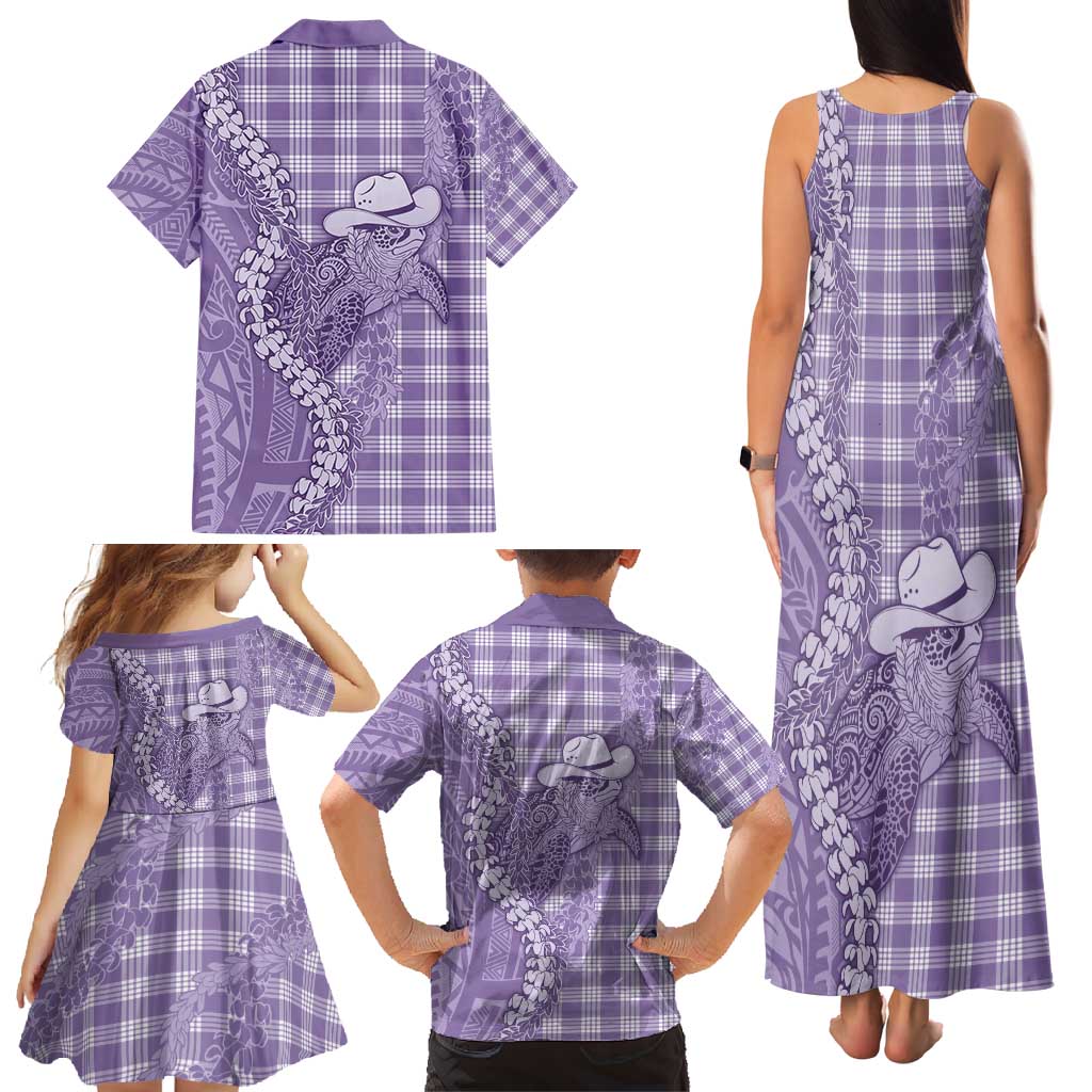 Purple Hawaii Palaka Cowboy Turtle Family Matching Tank Maxi Dress and Hawaiian Shirt Hawaiian Paniolo Puakenikeni Maile Lei - Polynesian Pride