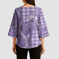 Purple Hawaii Palaka Cowboy Turtle Kimono Sleeve Blouse Hawaiian Paniolo Puakenikeni Maile Lei - Polynesian Pride